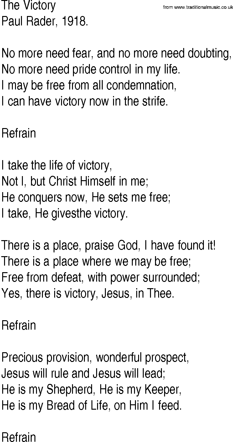 Hymn and Gospel Song: The Victory by Paul Rader lyrics