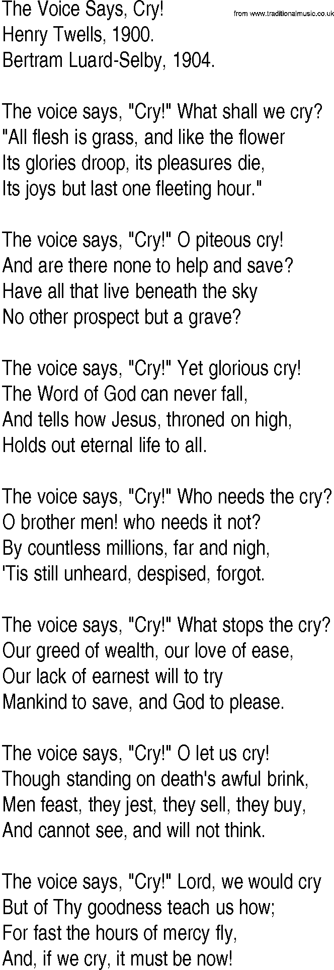 Hymn and Gospel Song: The Voice Says, Cry! by Henry Twells lyrics