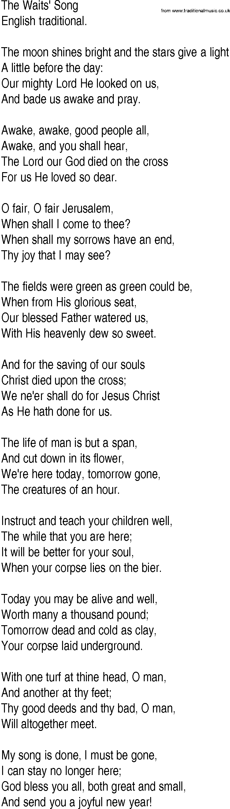 Hymn and Gospel Song: The Waits' Song by English traditional lyrics