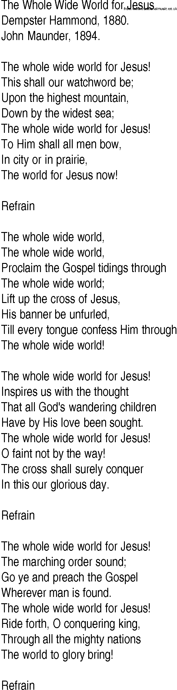 Hymn and Gospel Song: The Whole Wide World for Jesus by Dempster Hammond lyrics