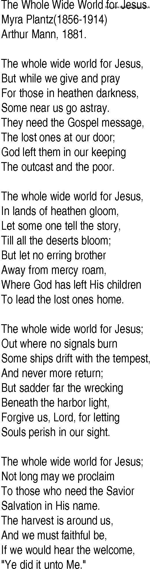 Hymn and Gospel Song: The Whole Wide World for Jesus by Myra Plantz lyrics