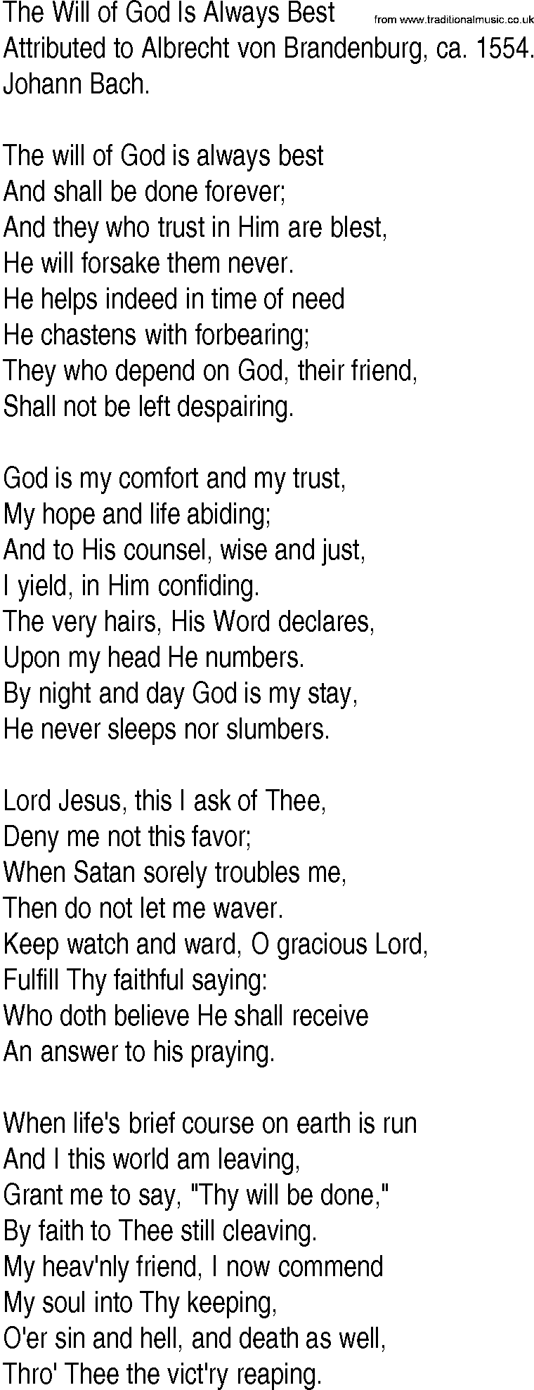 Hymn and Gospel Song: The Will of God Is Always Best by Attributed to Albrecht von Brandenburg ca lyrics