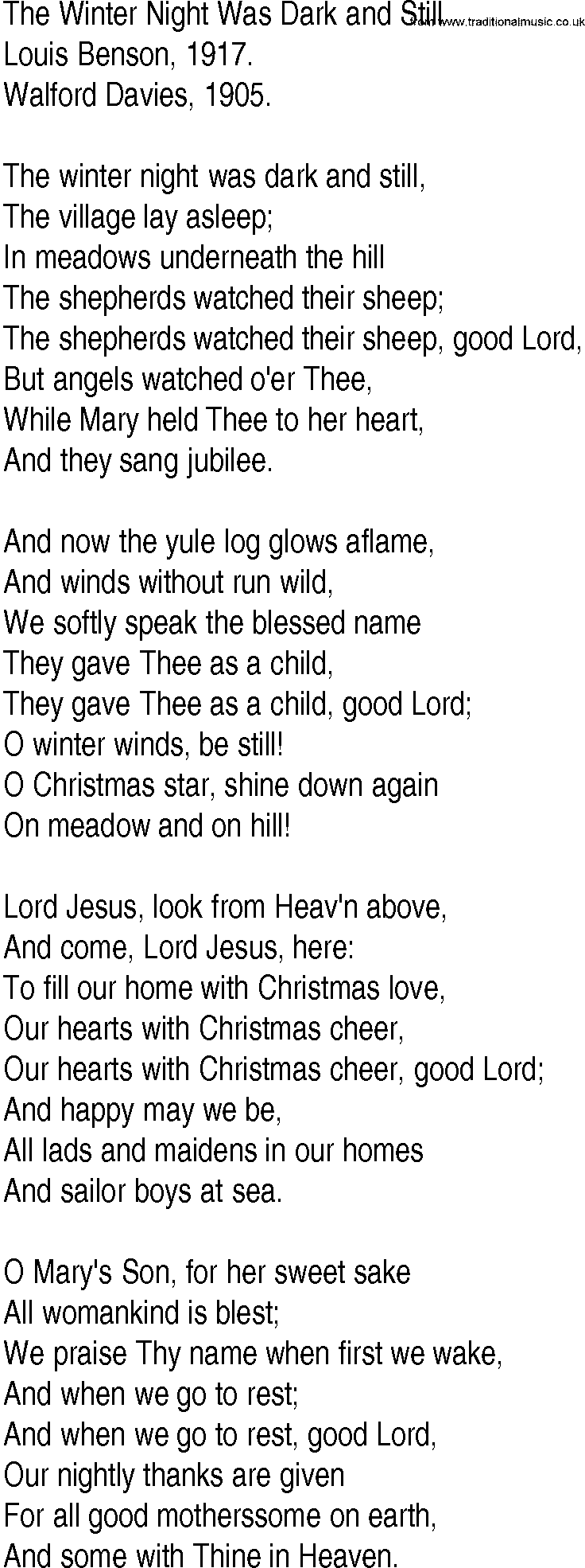 Hymn and Gospel Song: The Winter Night Was Dark and Still by Louis Benson lyrics