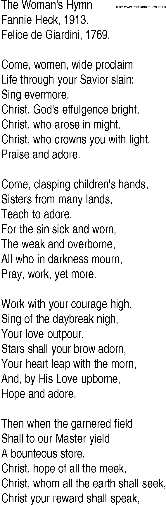 Hymn and Gospel Song: The Woman's Hymn by Fannie Heck lyrics