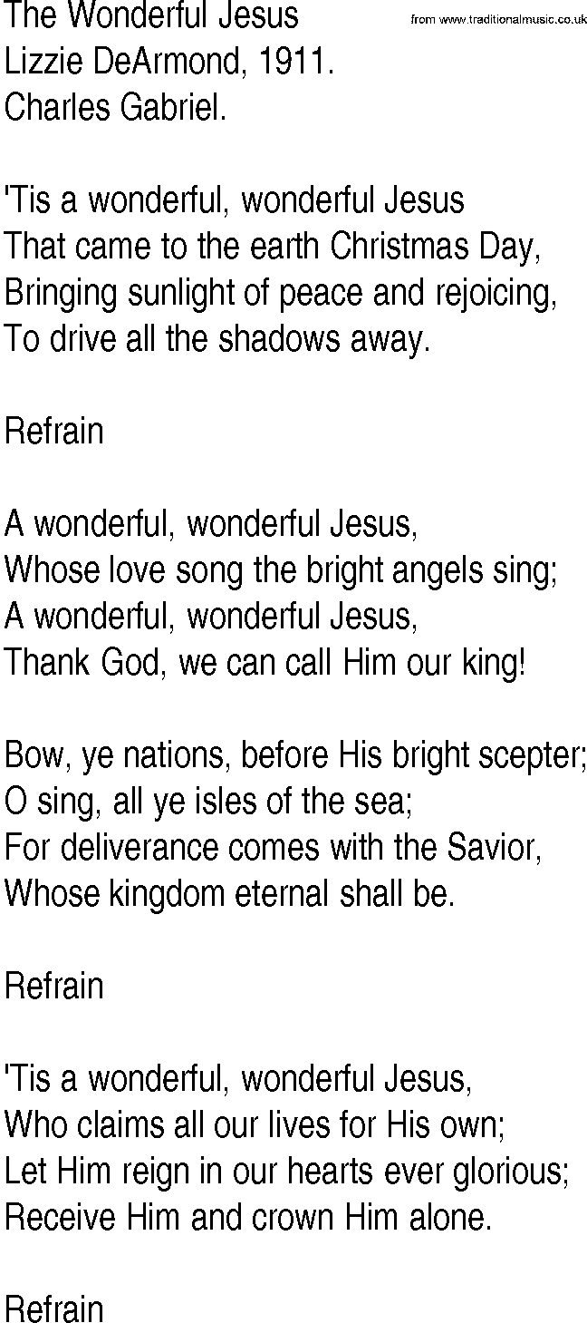 Hymn and Gospel Song: The Wonderful Jesus by Lizzie DeArmond lyrics