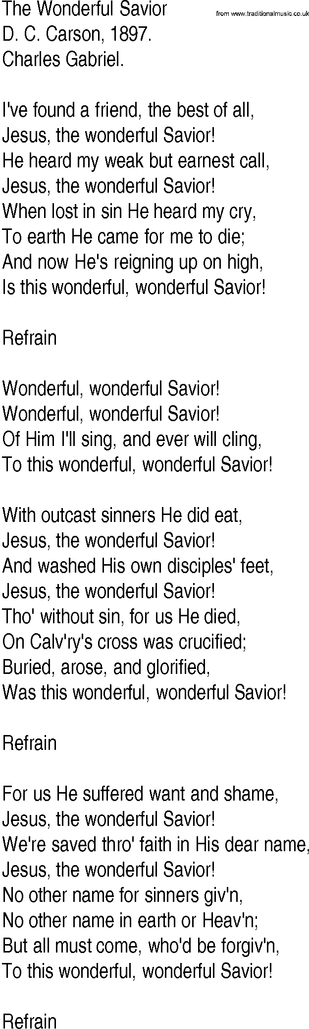 Hymn and Gospel Song: The Wonderful Savior by D C Carson lyrics