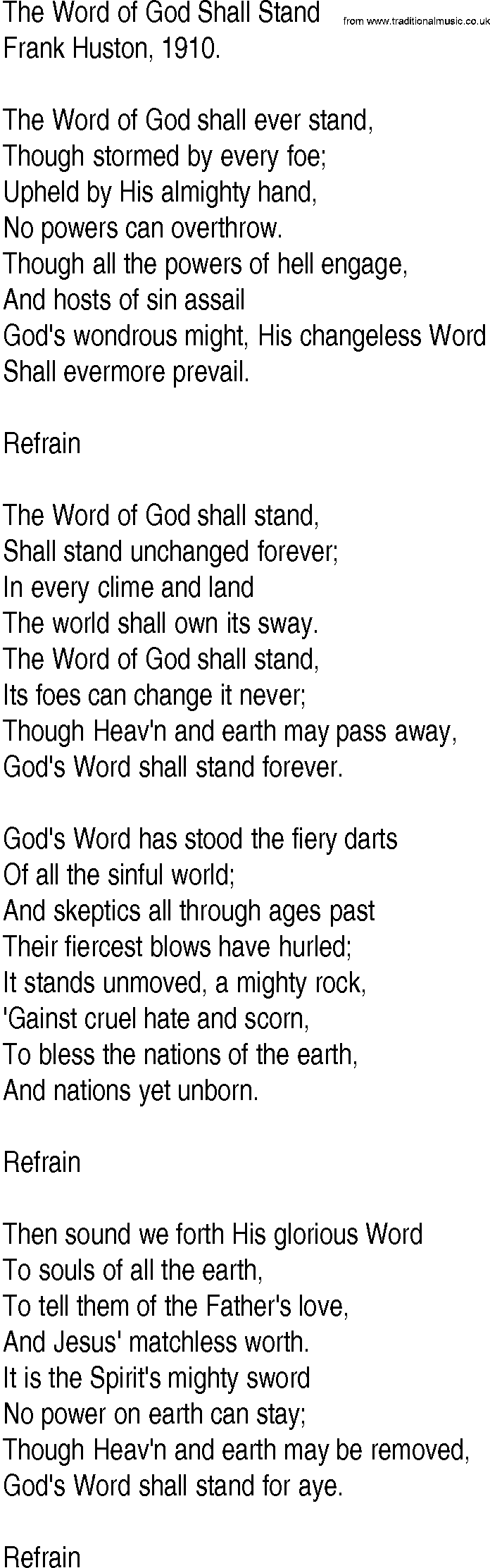 Hymn and Gospel Song: The Word of God Shall Stand by Frank Huston lyrics