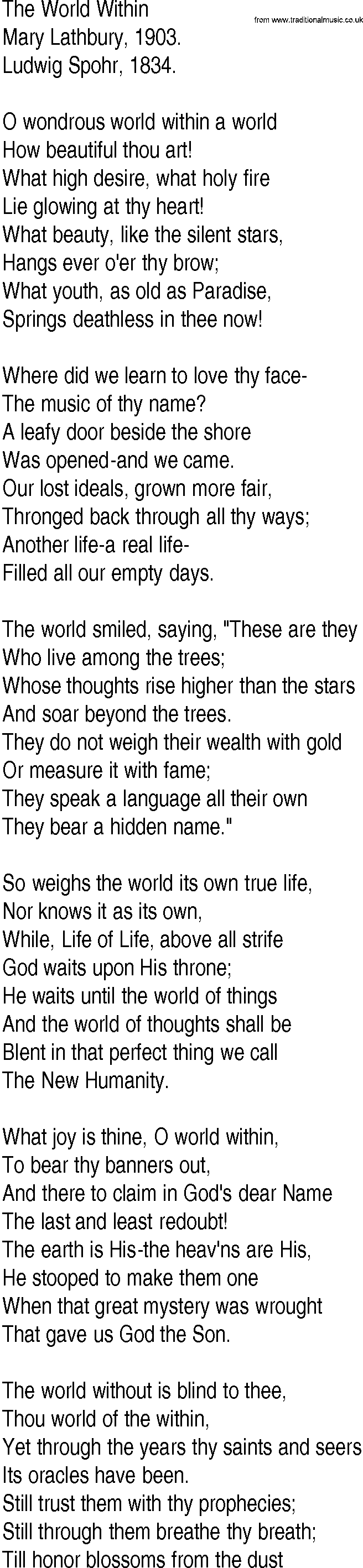 Hymn and Gospel Song: The World Within by Mary Lathbury lyrics
