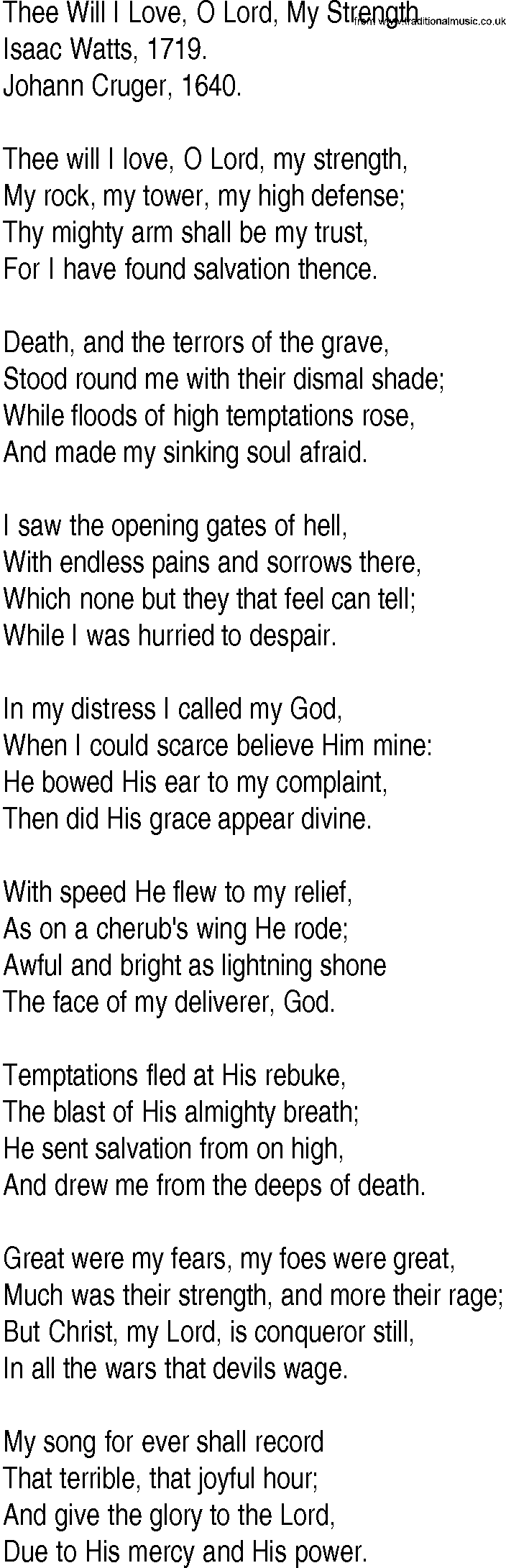 Hymn and Gospel Song: Thee Will I Love, O Lord, My Strength by Isaac Watts lyrics