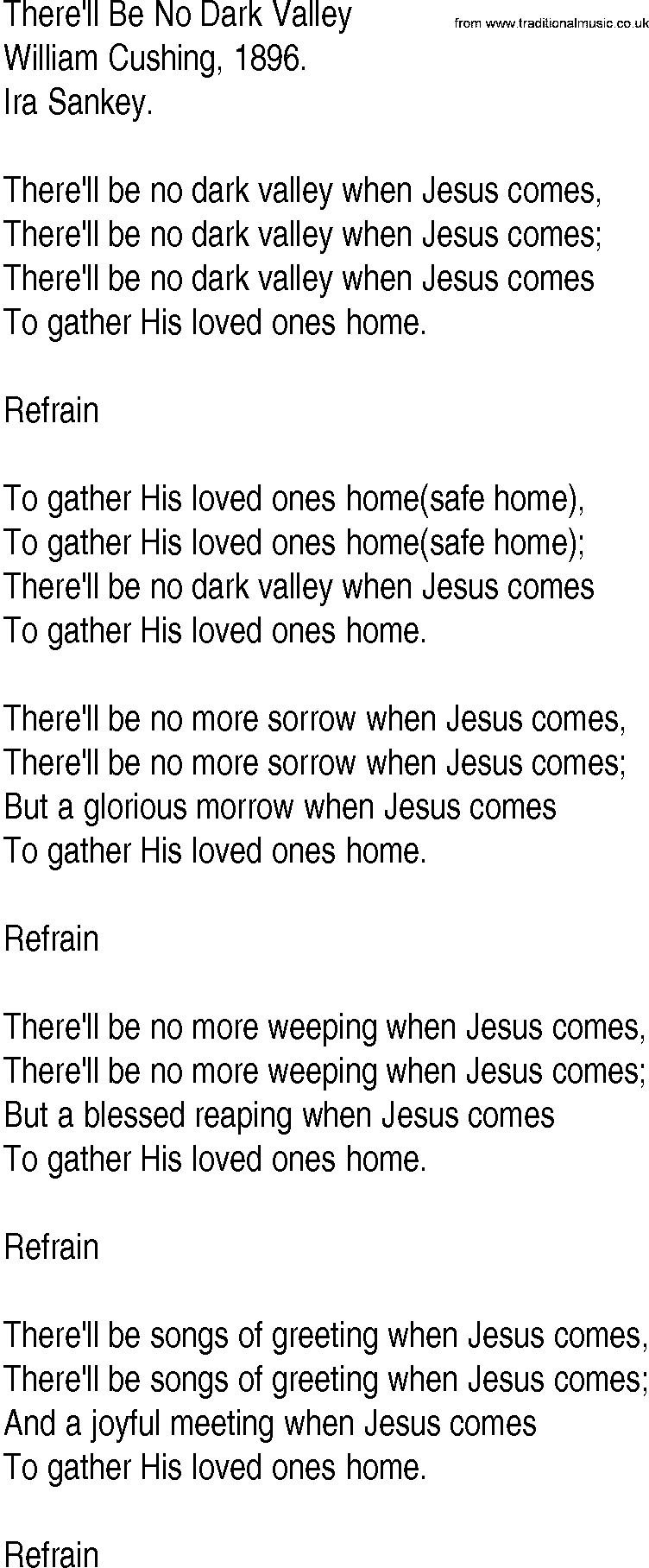 Hymn and Gospel Song: There'll Be No Dark Valley by William Cushing lyrics
