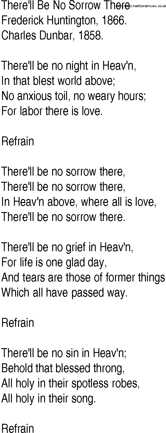 Hymn and Gospel Song: There'll Be No Sorrow There by Frederick Huntington lyrics