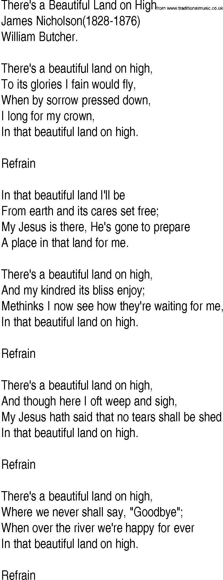 Hymn and Gospel Song: There's a Beautiful Land on High by James Nicholson lyrics