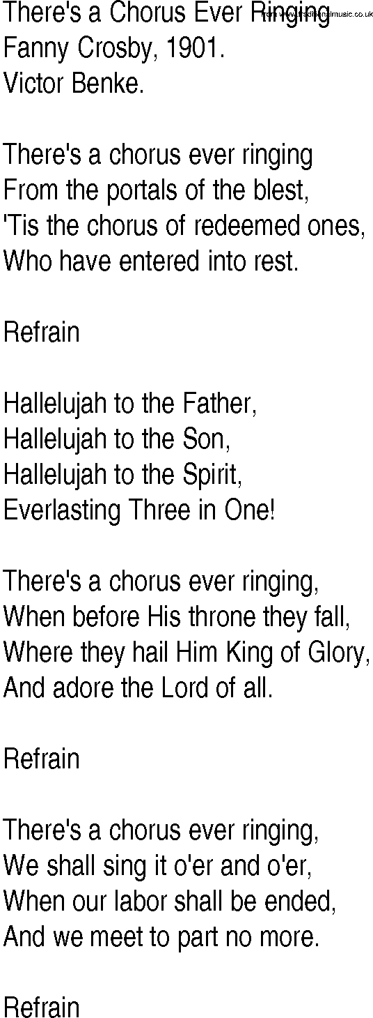 Hymn and Gospel Song: There's a Chorus Ever Ringing by Fanny Crosby lyrics