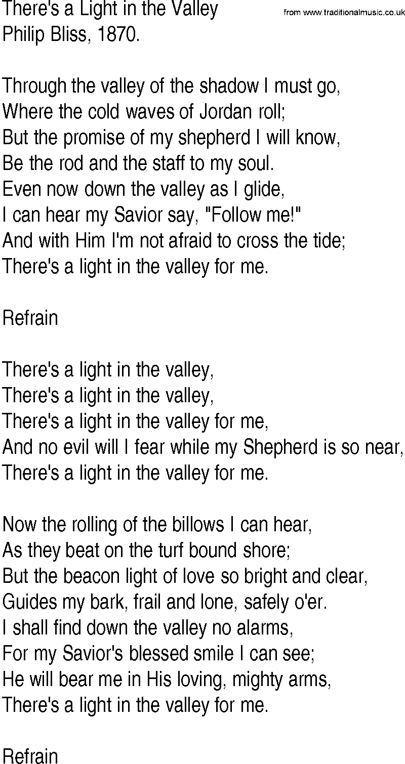Hymn and Gospel Song: There's a Light in the Valley by Philip Bliss lyrics