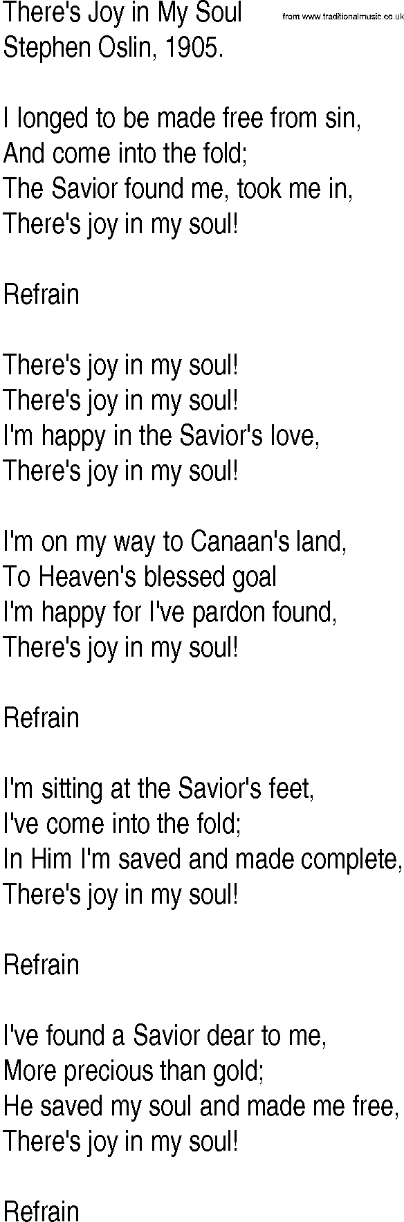 Hymn and Gospel Song: There's Joy in My Soul by Stephen Oslin lyrics
