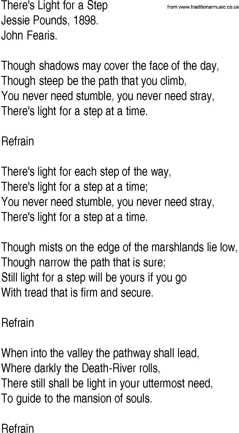 Hymn and Gospel Song: There's Light for a Step by Jessie Pounds lyrics