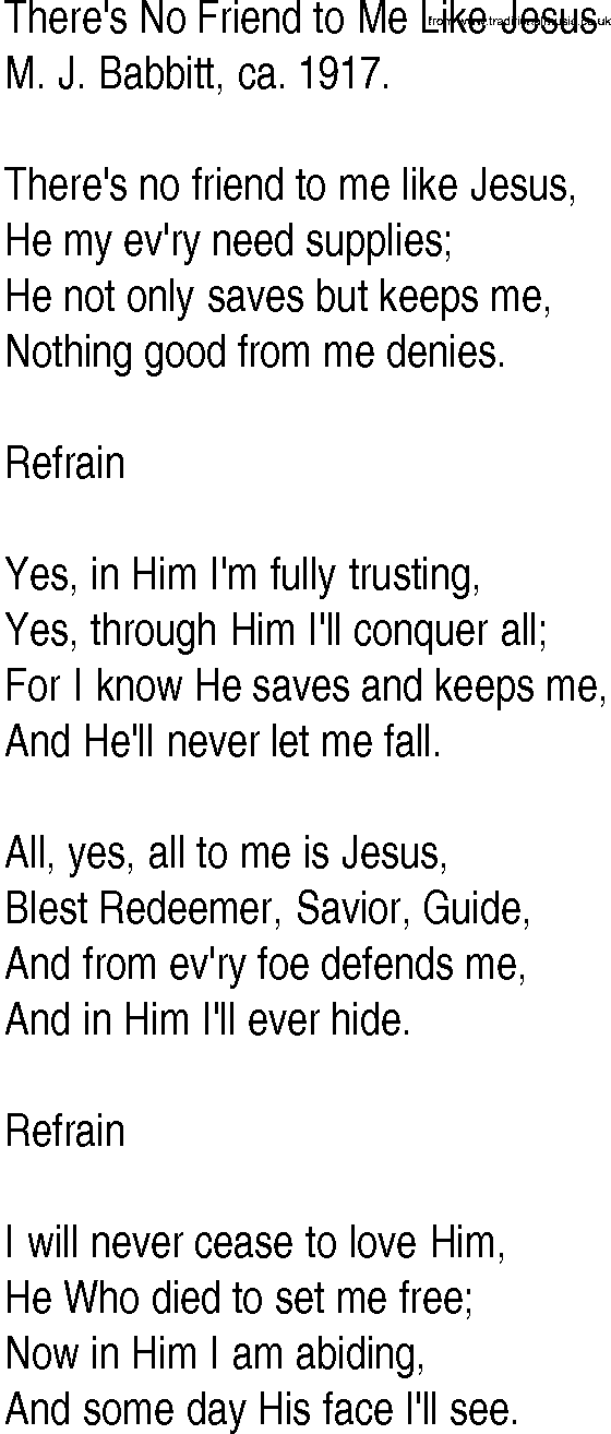 Hymn and Gospel Song: There's No Friend to Me Like Jesus by M J Babbitt ca lyrics