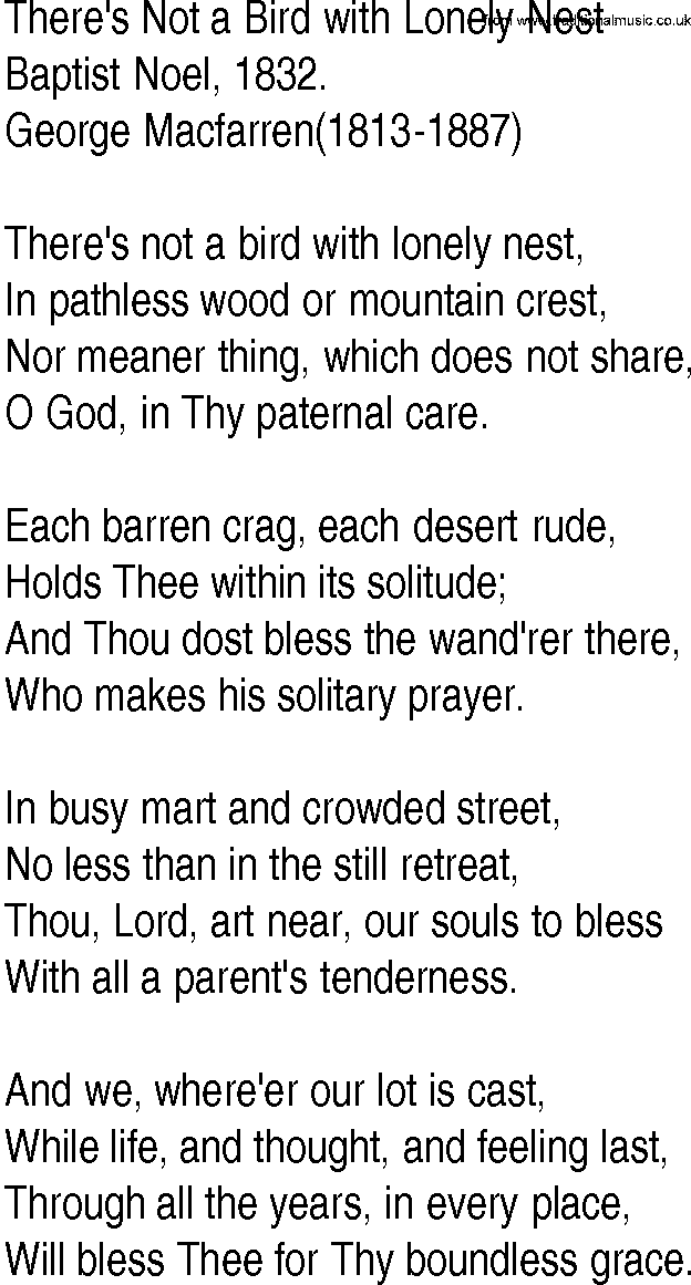 Hymn and Gospel Song: There's Not a Bird with Lonely Nest by Baptist Noel lyrics