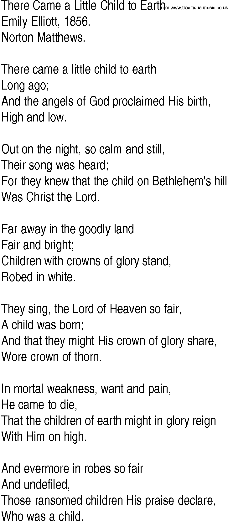 Hymn and Gospel Song: There Came a Little Child to Earth by Emily Elliott lyrics