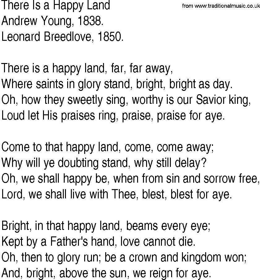 Hymn and Gospel Song: There Is a Happy Land by Andrew Young lyrics