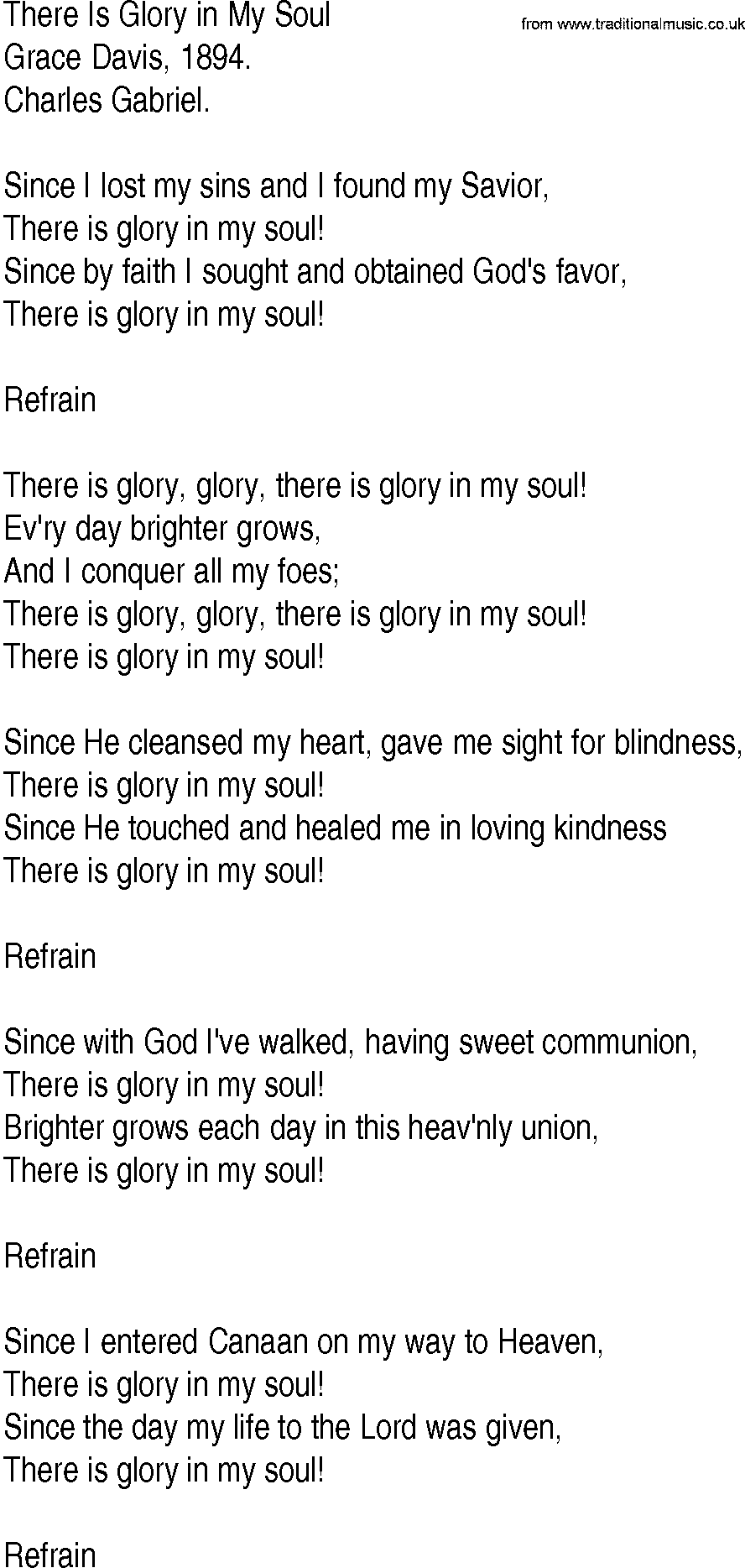 Hymn and Gospel Song: There Is Glory in My Soul by Grace Davis lyrics