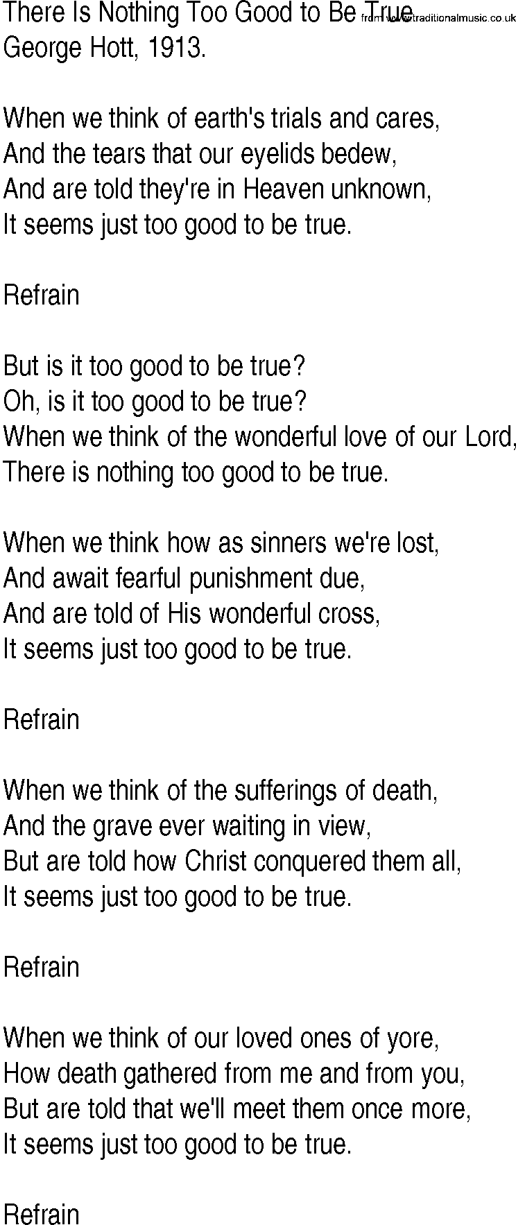 Hymn and Gospel Song: There Is Nothing Too Good to Be True by George Hott lyrics