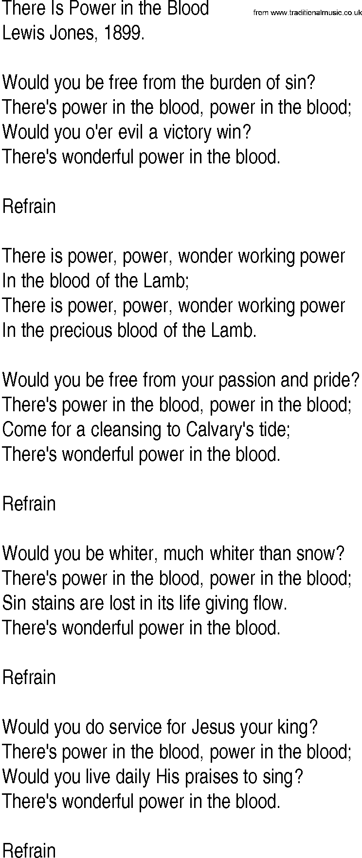 Hymn and Gospel Song: There Is Power in the Blood by Lewis Jones lyrics