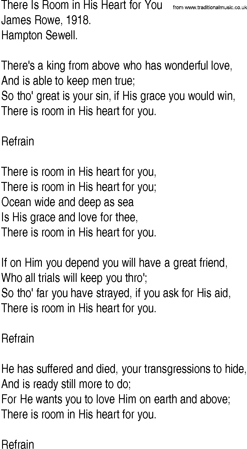 Hymn and Gospel Song: There Is Room in His Heart for You by James Rowe lyrics
