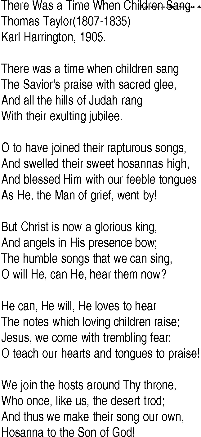 Hymn and Gospel Song: There Was a Time When Children Sang by Thomas Taylor lyrics