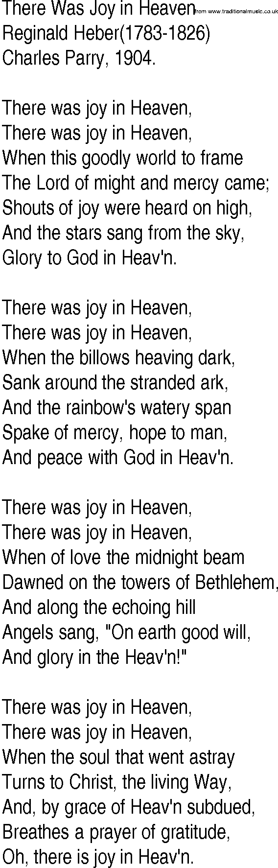 Hymn and Gospel Song: There Was Joy in Heaven by Reginald Heber lyrics