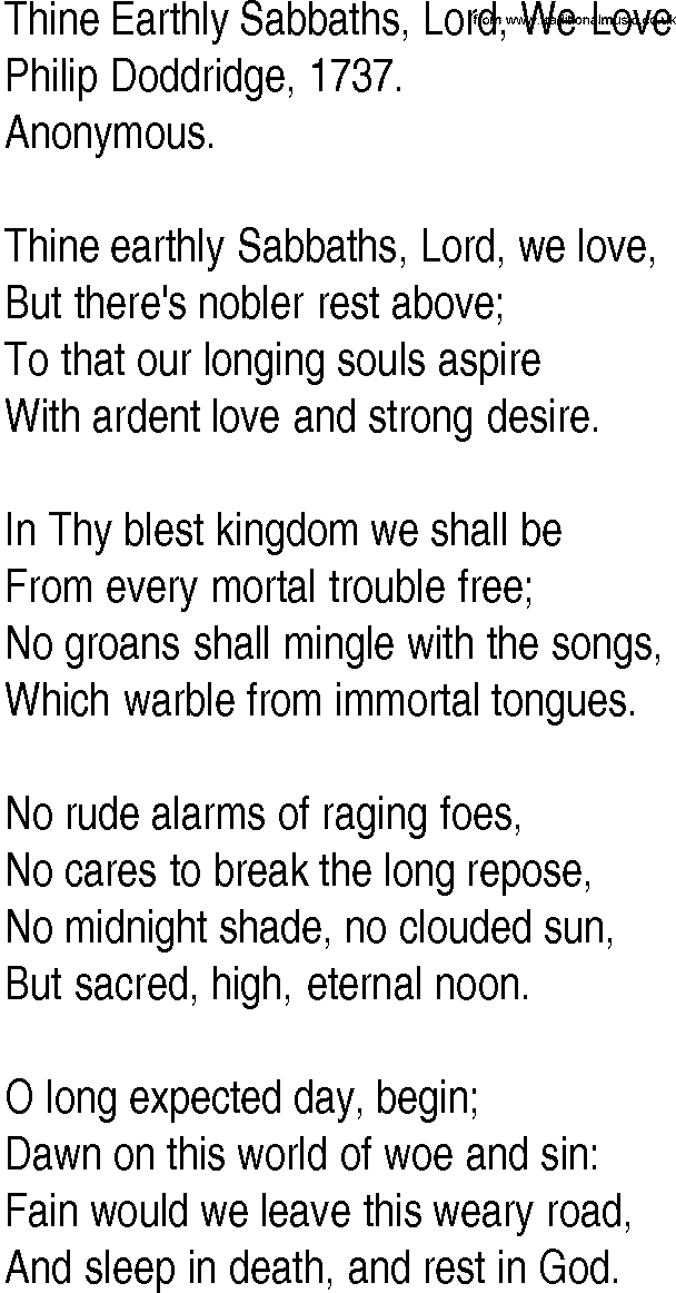 Hymn and Gospel Song: Thine Earthly Sabbaths, Lord, We Love by Philip Doddridge lyrics