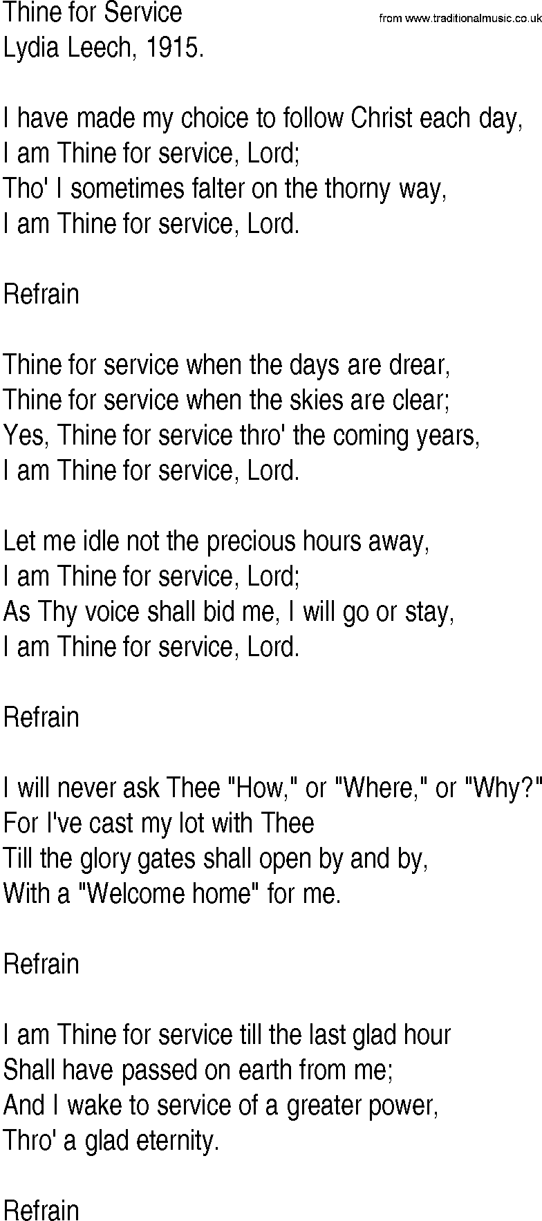 Hymn and Gospel Song: Thine for Service by Lydia Leech lyrics