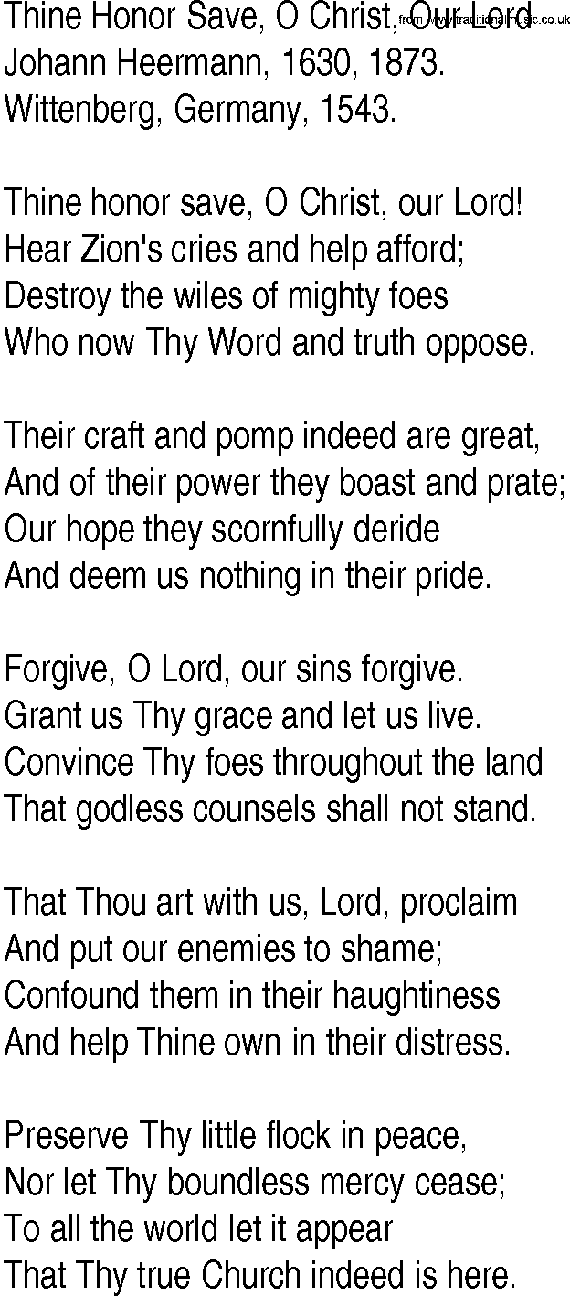 Hymn and Gospel Song: Thine Honor Save, O Christ, Our Lord by Johann Heermann lyrics
