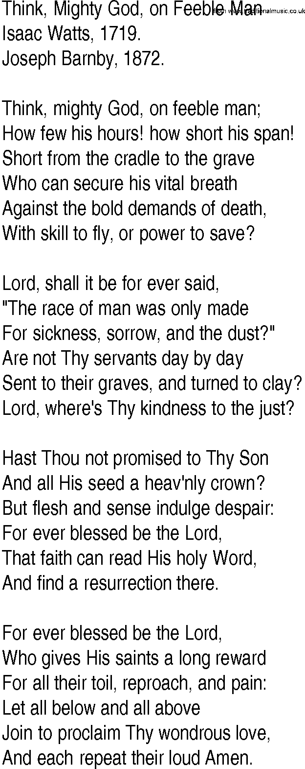 Hymn and Gospel Song: Think, Mighty God, on Feeble Man by Isaac Watts lyrics