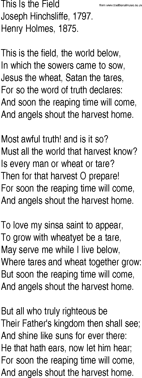 Hymn and Gospel Song: This Is the Field by Joseph Hinchsliffe lyrics