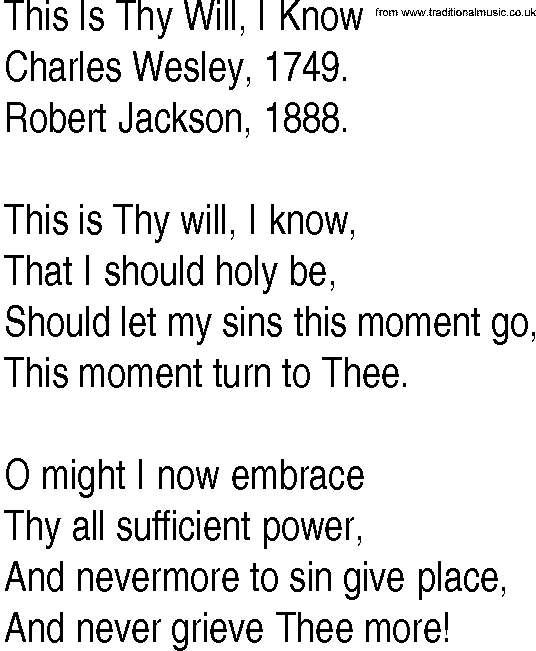 Hymn and Gospel Song: This Is Thy Will, I Know by Charles Wesley lyrics