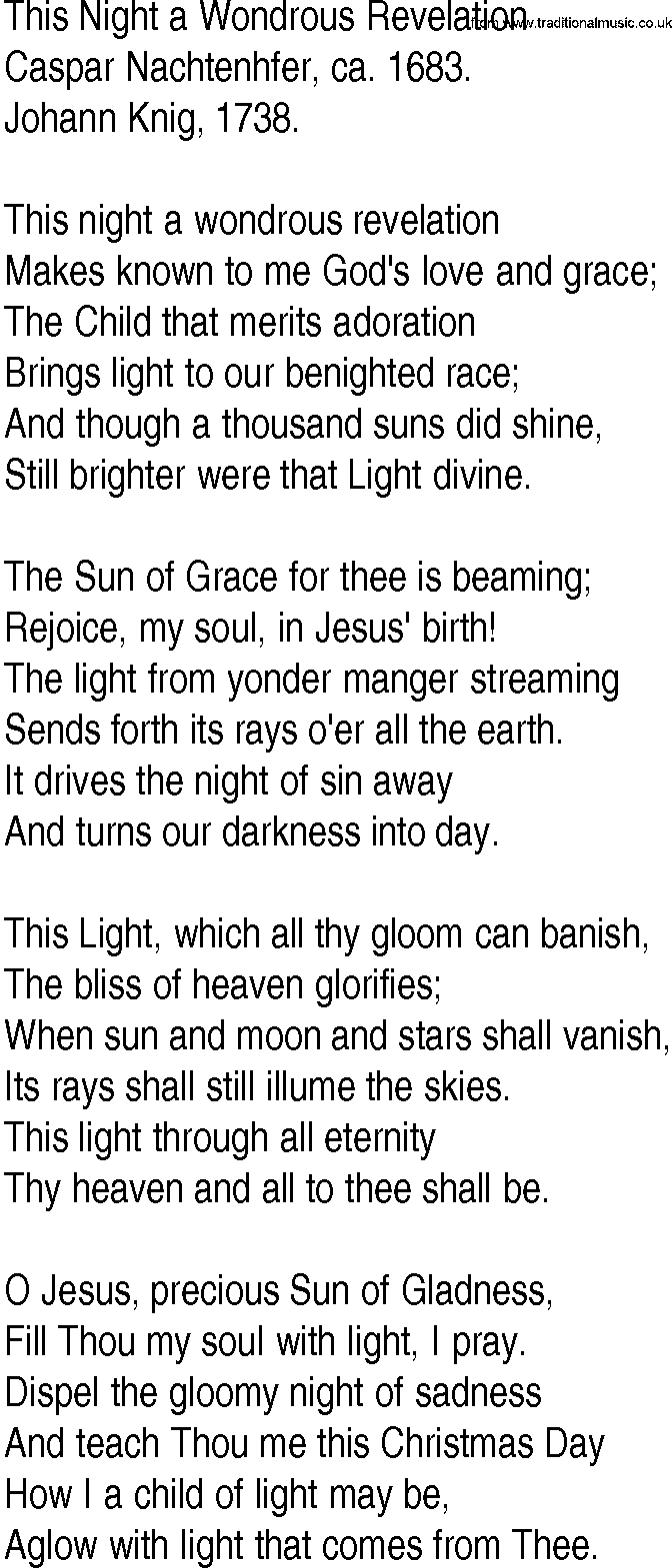 Hymn and Gospel Song: This Night a Wondrous Revelation by Caspar Nachtenhöfer ca lyrics