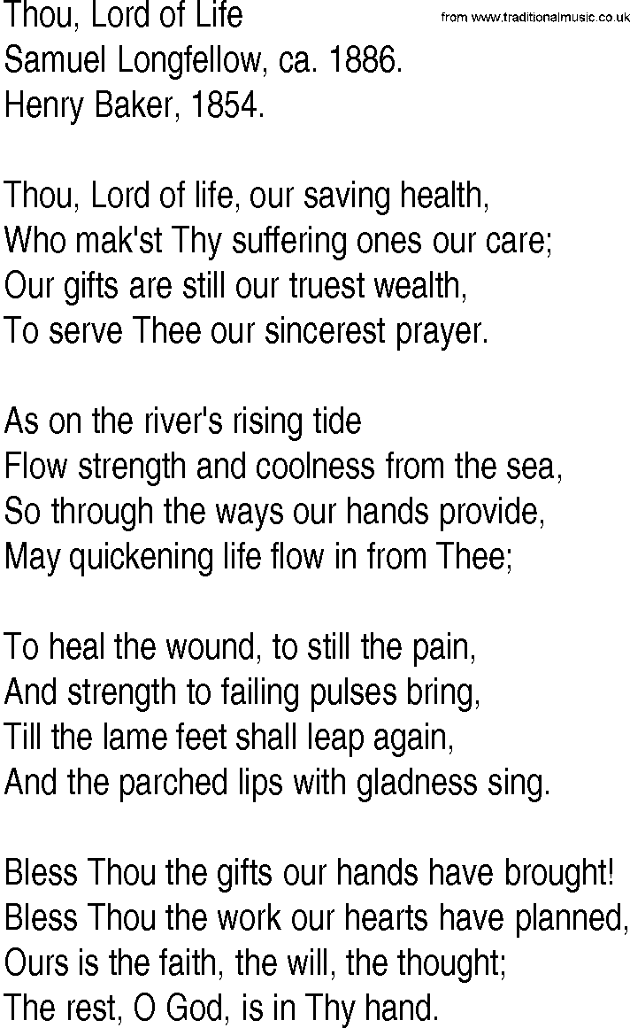 Hymn and Gospel Song: Thou, Lord of Life by Samuel Longfellow ca lyrics