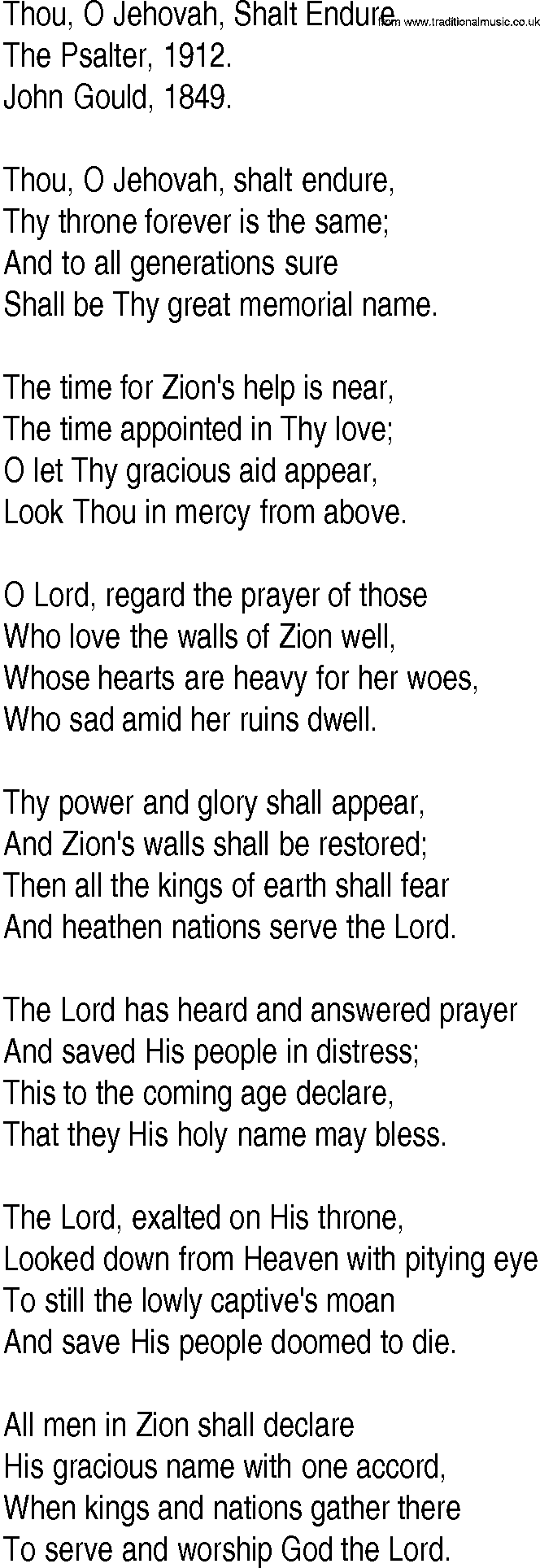 Hymn and Gospel Song: Thou, O Jehovah, Shalt Endure by The Psalter lyrics