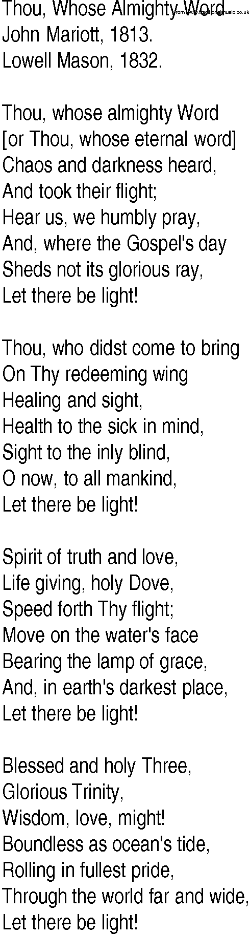 Hymn and Gospel Song: Thou, Whose Almighty Word by John Mariott lyrics