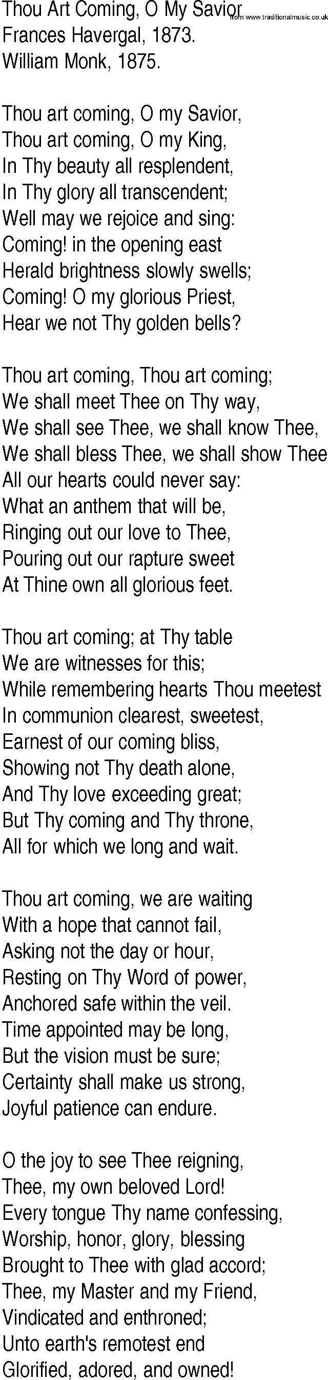 Hymn and Gospel Song: Thou Art Coming, O My Savior by Frances Havergal lyrics