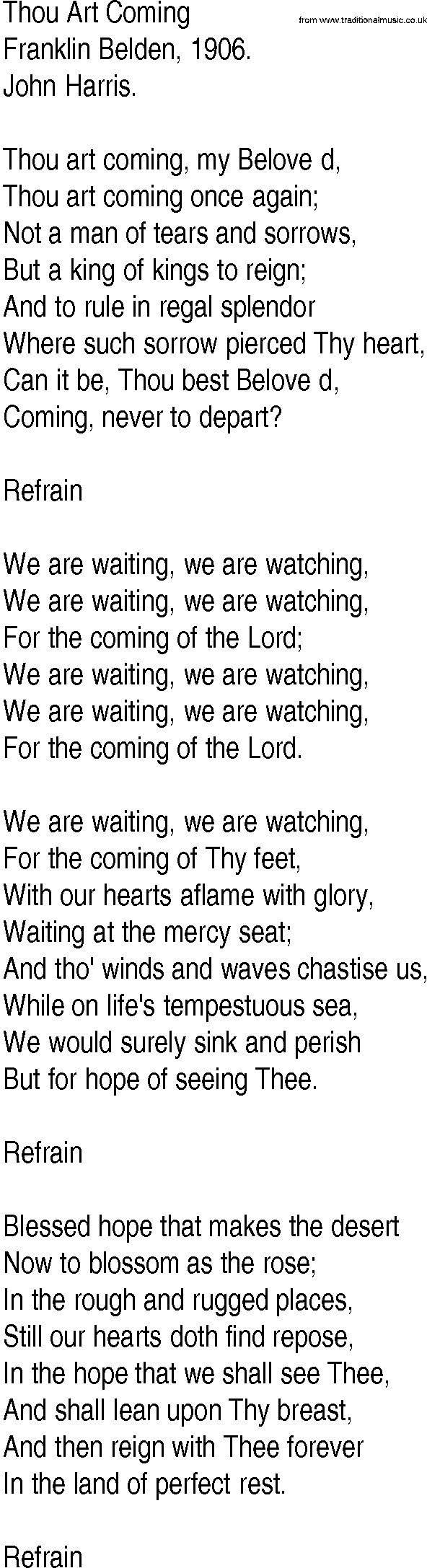 Hymn and Gospel Song: Thou Art Coming by Franklin Belden lyrics