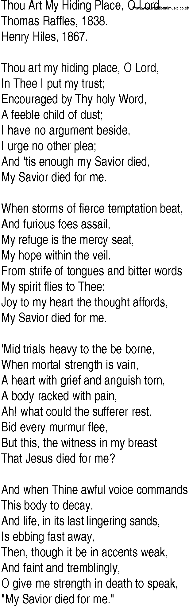 Hymn and Gospel Song: Thou Art My Hiding Place, O Lord by Thomas Raffles lyrics