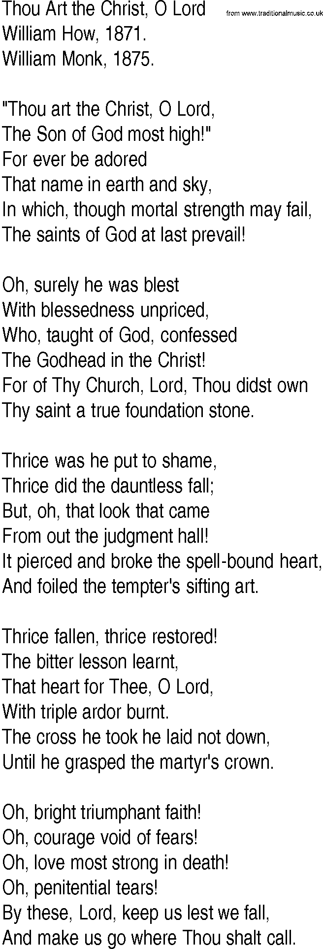 Hymn and Gospel Song: Thou Art the Christ, O Lord by William How lyrics