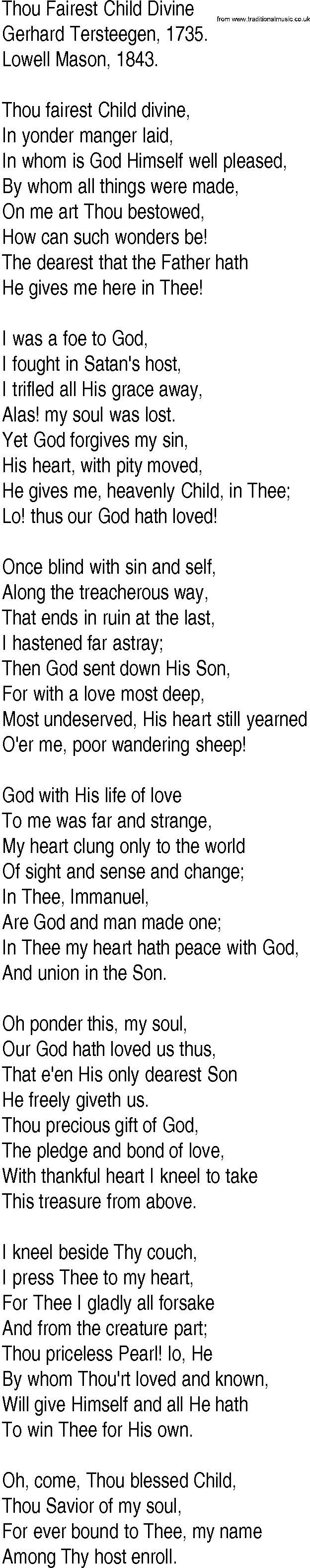 Hymn and Gospel Song: Thou Fairest Child Divine by Gerhard Tersteegen lyrics