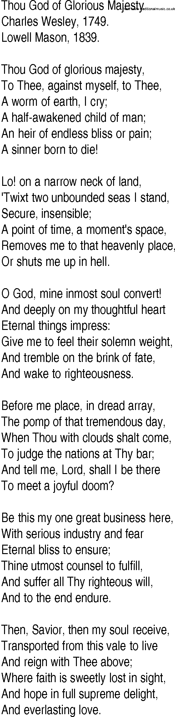 Hymn and Gospel Song: Thou God of Glorious Majesty by Charles Wesley lyrics