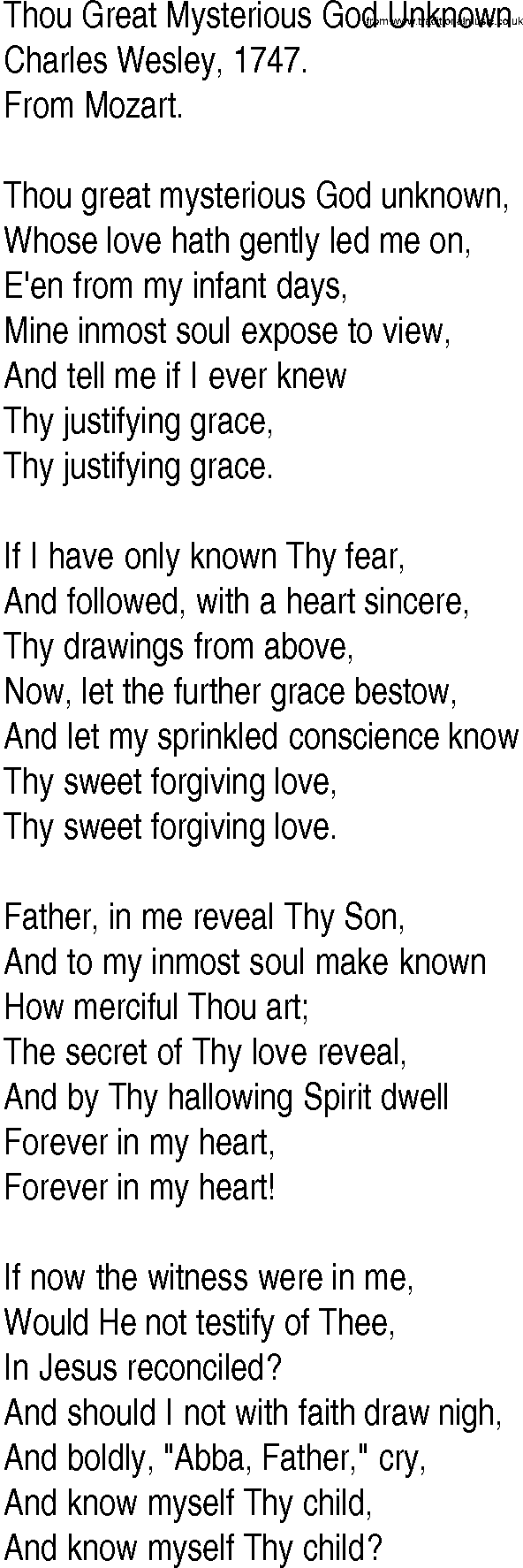 Hymn and Gospel Song: Thou Great Mysterious God Unknown by Charles Wesley lyrics