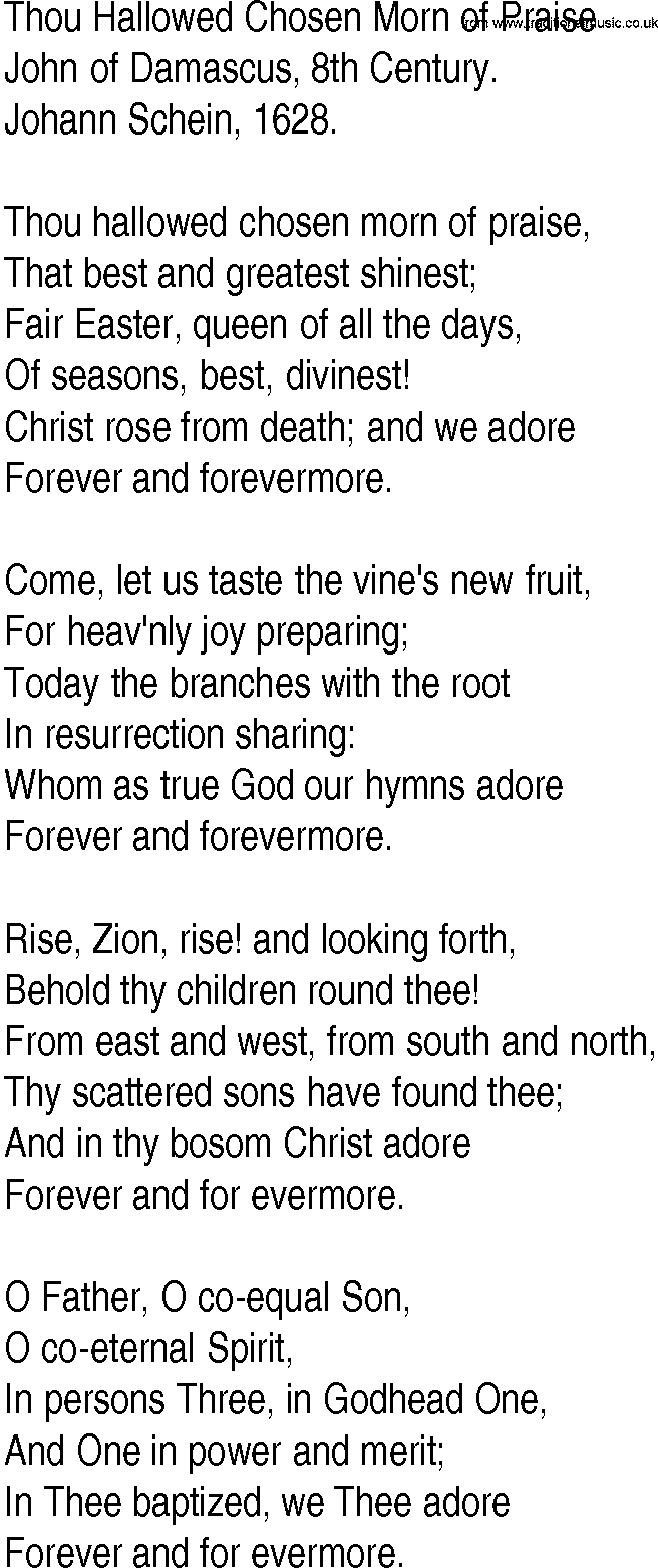 Hymn and Gospel Song: Thou Hallowed Chosen Morn of Praise by John of Damascus th Century lyrics
