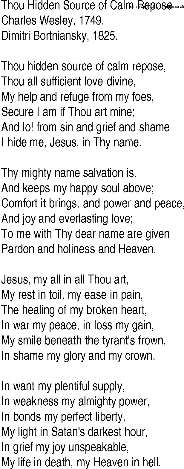 Hymn and Gospel Song: Thou Hidden Source of Calm Repose by Charles Wesley lyrics