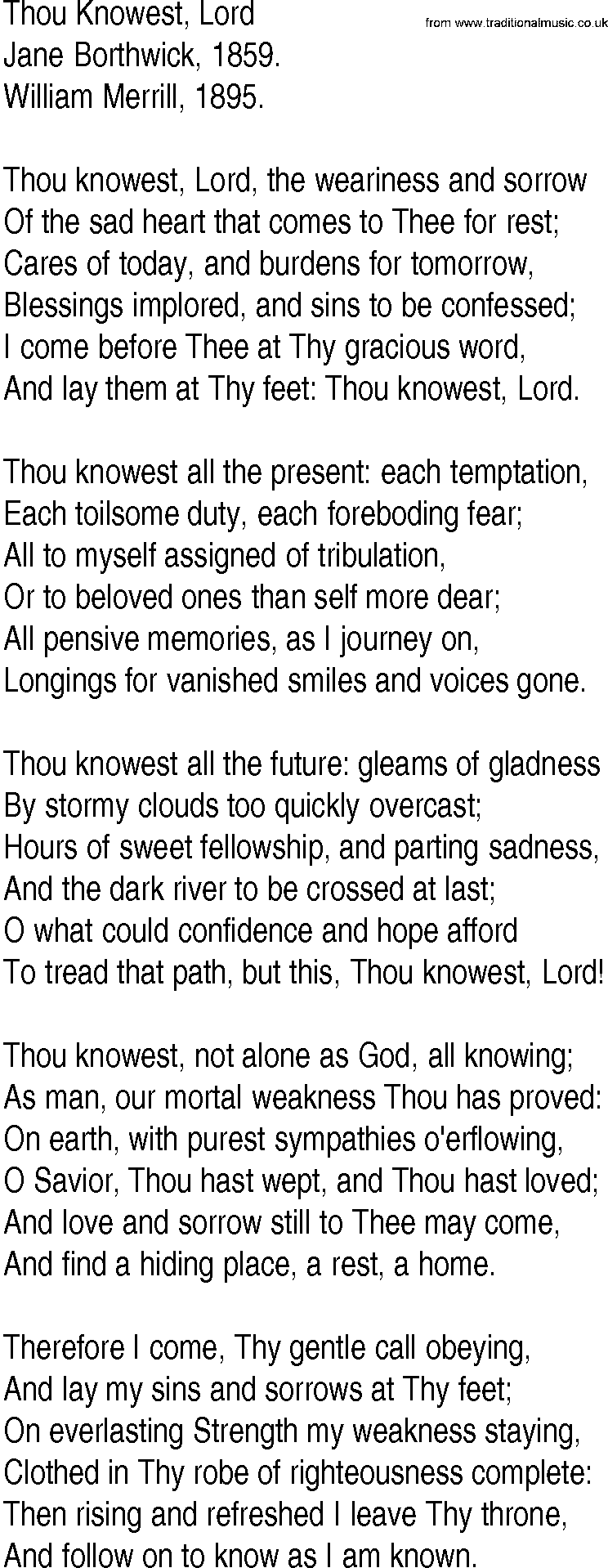 Hymn and Gospel Song: Thou Knowest, Lord by Jane Borthwick lyrics